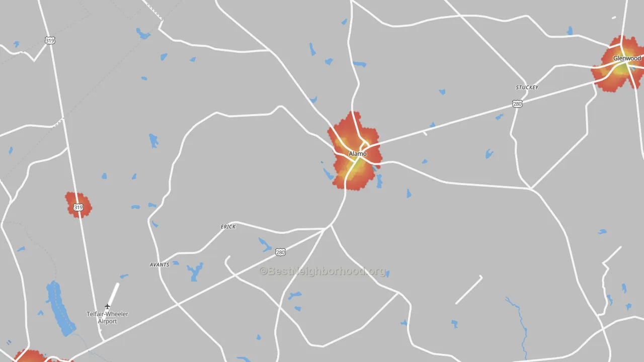 Walk Grade map of 30411, GA, walkable areas in green and car-dependent areas in red