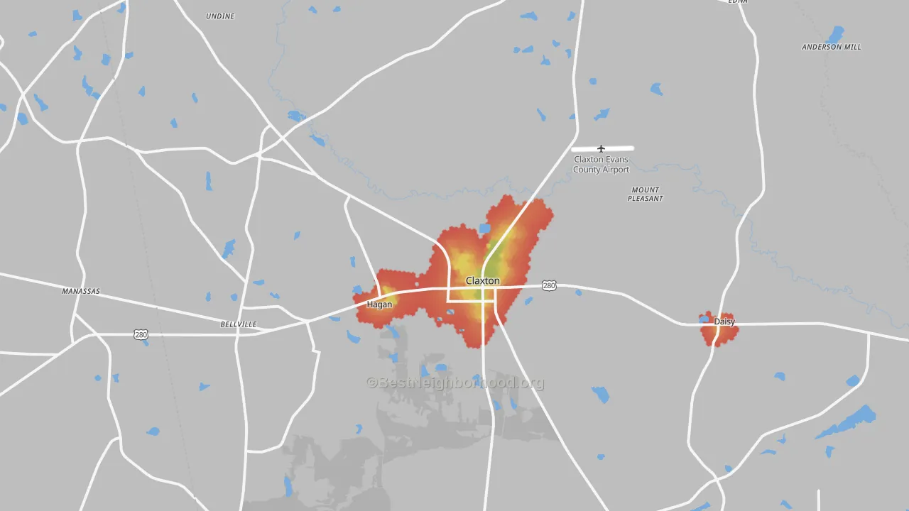 Walk Grade map of 30417, GA, walkable areas in green and car-dependent areas in red