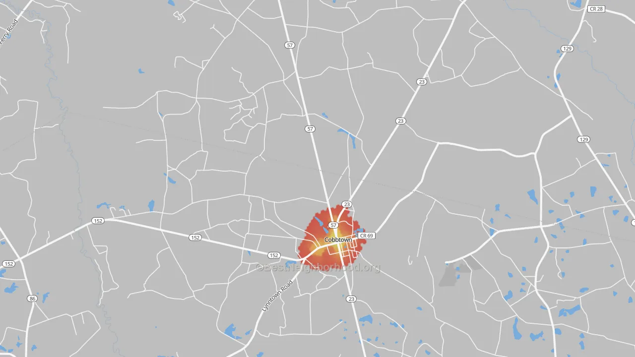 Walk Grade map of 30420, GA, walkable areas in green and car-dependent areas in red