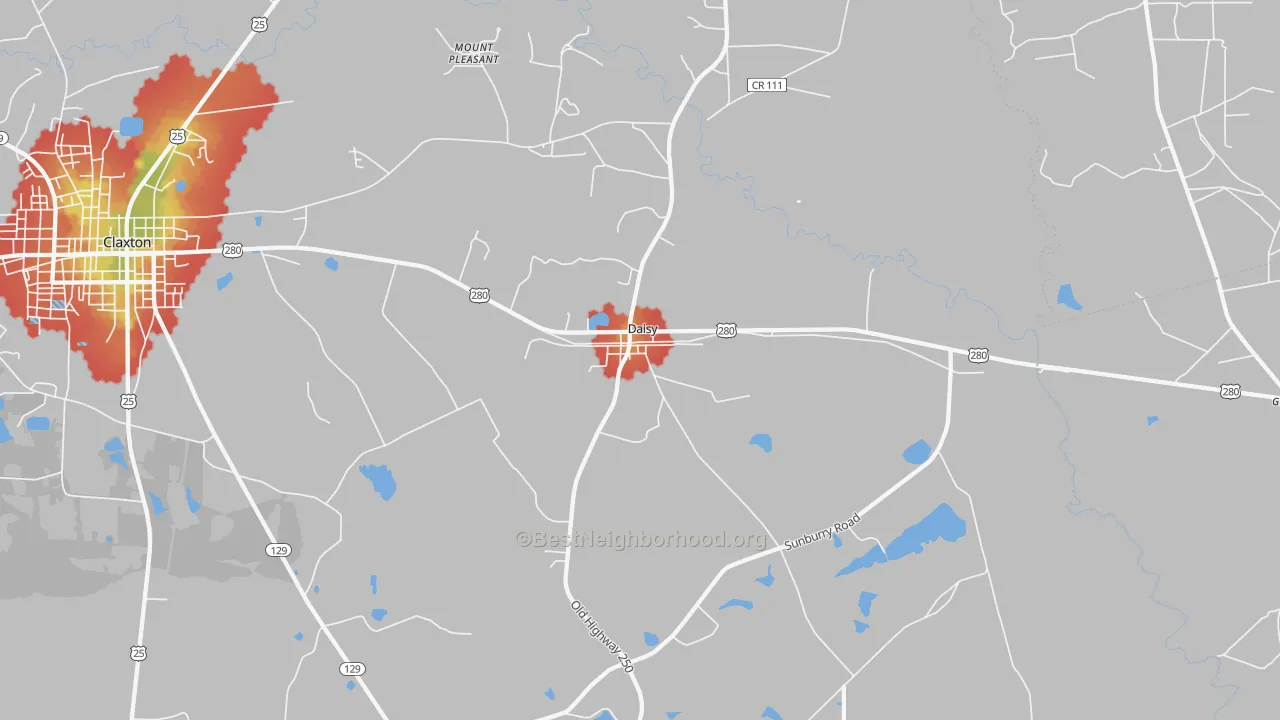 Walk Grade map of 30423, GA, walkable areas in green and car-dependent areas in red