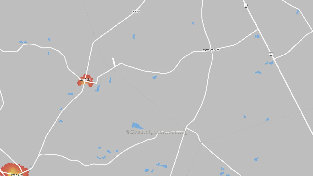 Walk Grade map of 30425, GA, walkable areas in green and car-dependent areas in red