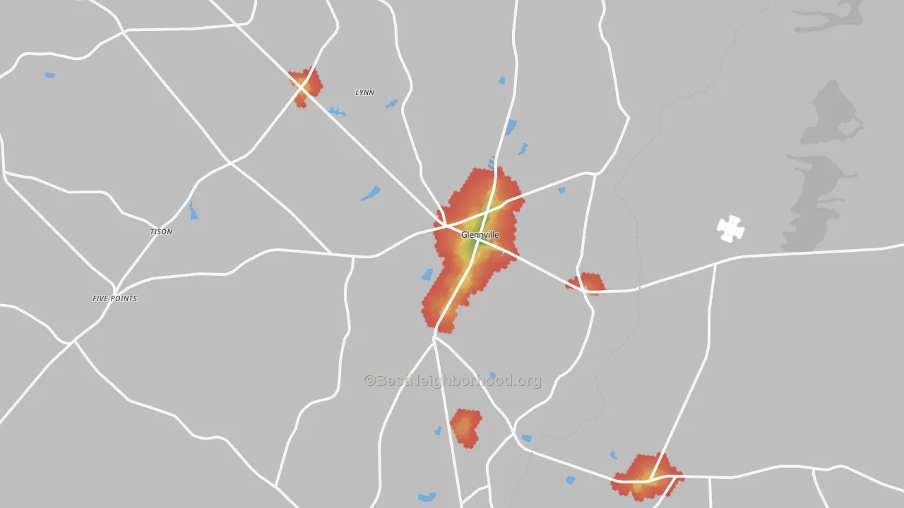Walk Grade map of 30427, GA, walkable areas in green and car-dependent areas in red