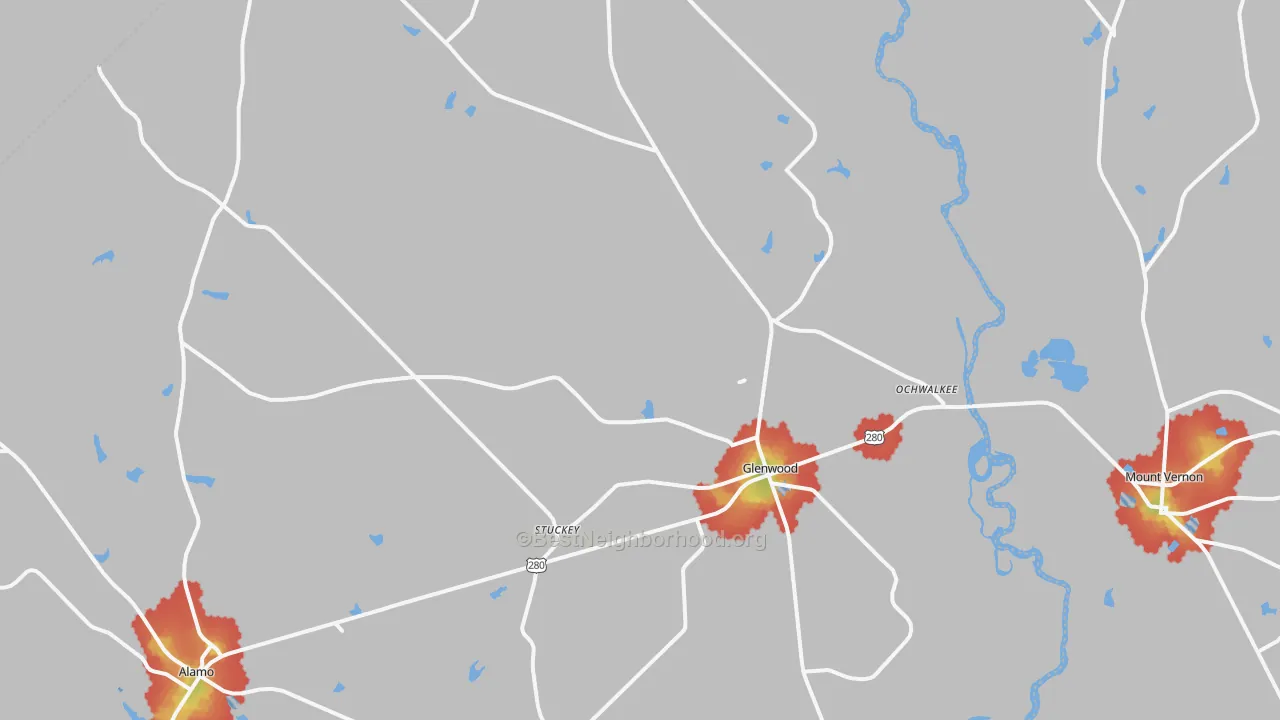 Walk Grade map of 30428, GA, walkable areas in green and car-dependent areas in red