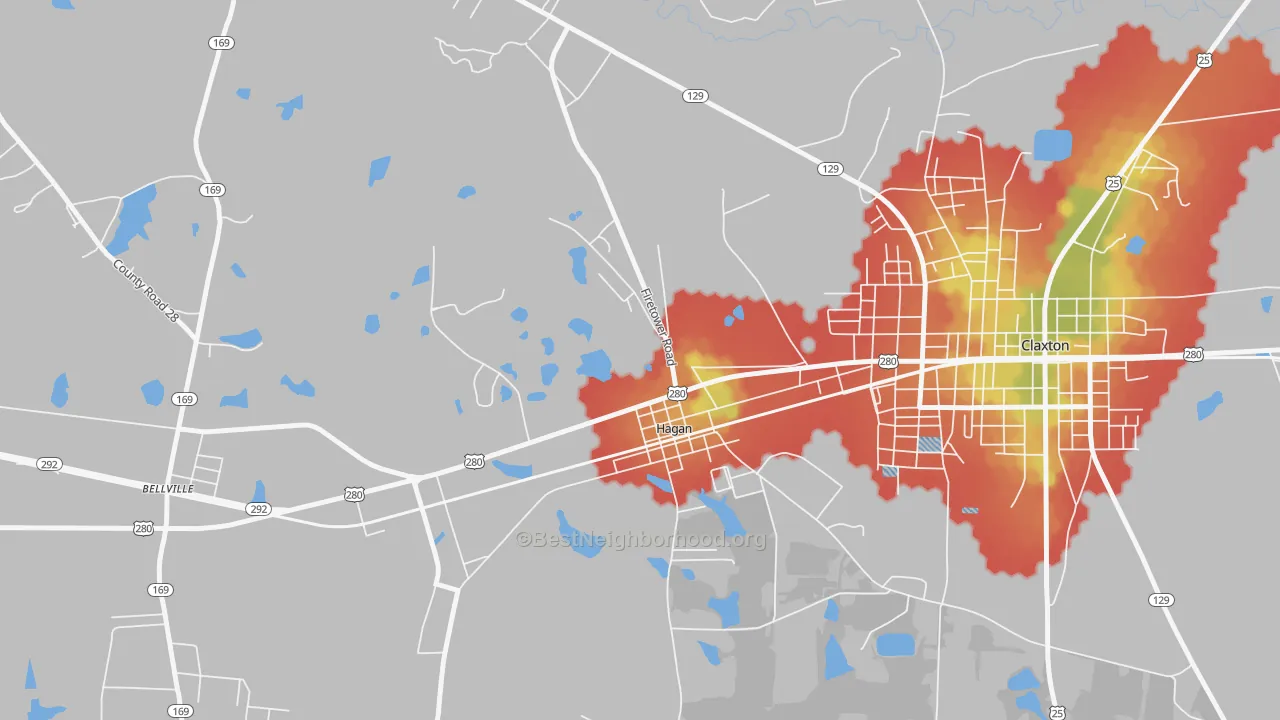 Walk Grade map of 30429, GA, walkable areas in green and car-dependent areas in red