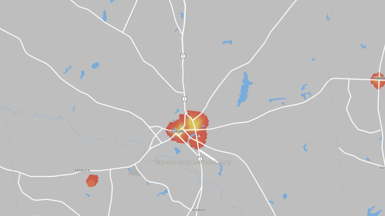 Walk Grade map of 30434, GA, walkable areas in green and car-dependent areas in red