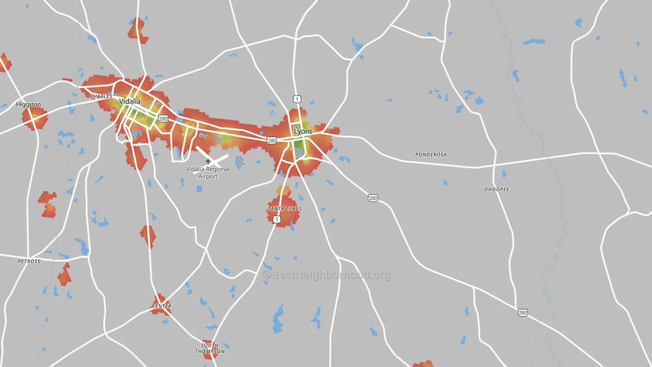 Walk Grade map of 30436, GA, walkable areas in green and car-dependent areas in red