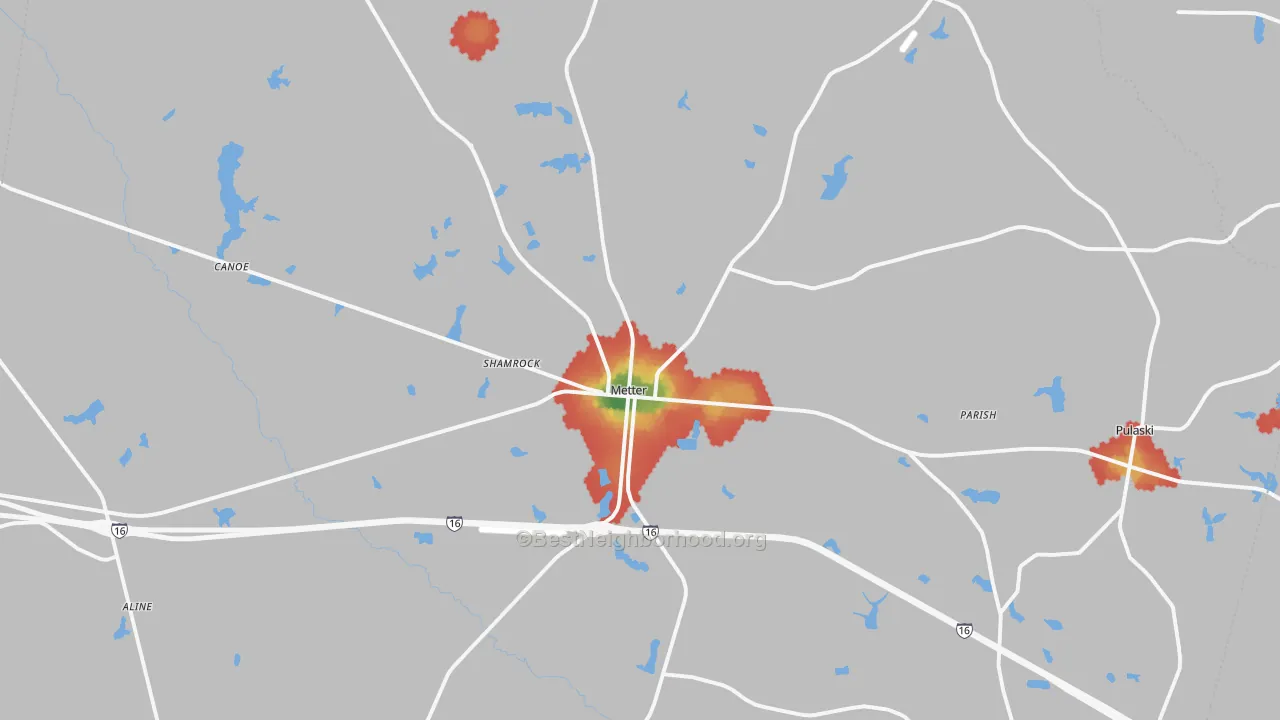 Walk Grade map of 30439, GA, walkable areas in green and car-dependent areas in red