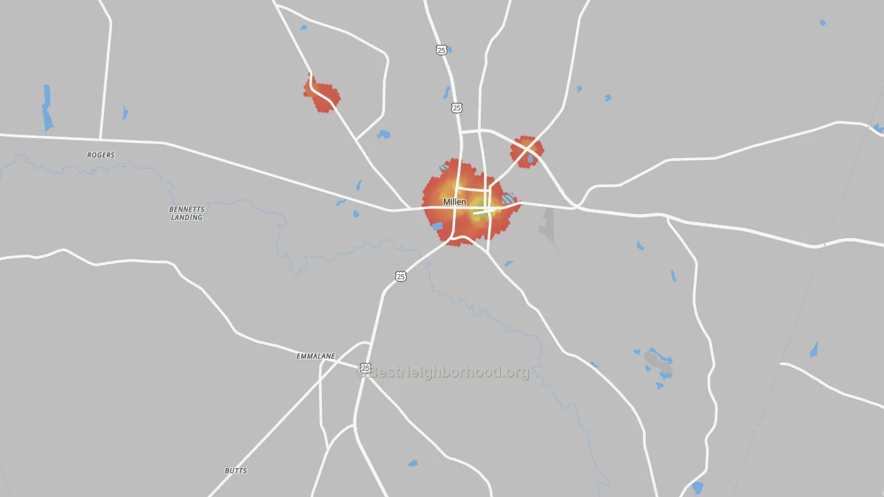 Walk Grade map of 30442, GA, walkable areas in green and car-dependent areas in red