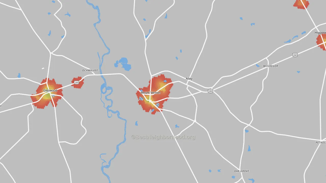 Walk Grade map of 30445, GA, walkable areas in green and car-dependent areas in red