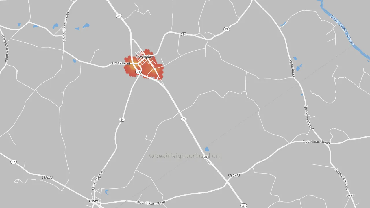 Walk Grade map of 30446, GA, walkable areas in green and car-dependent areas in red