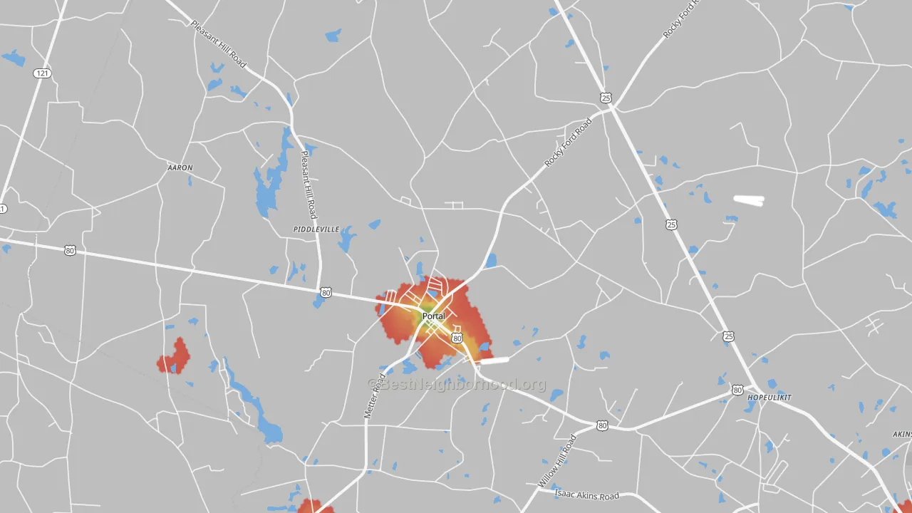 Walk Grade map of 30450, GA, walkable areas in green and car-dependent areas in red