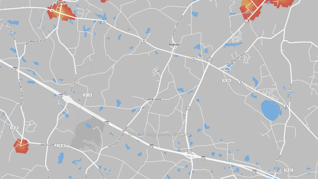 Walk Grade map of 30452, GA, walkable areas in green and car-dependent areas in red