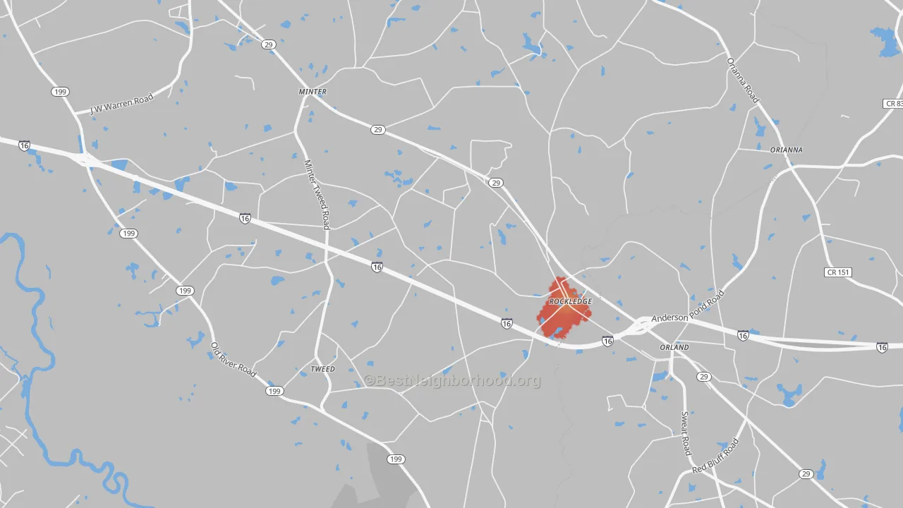 Walk Grade map of 30454, GA, walkable areas in green and car-dependent areas in red