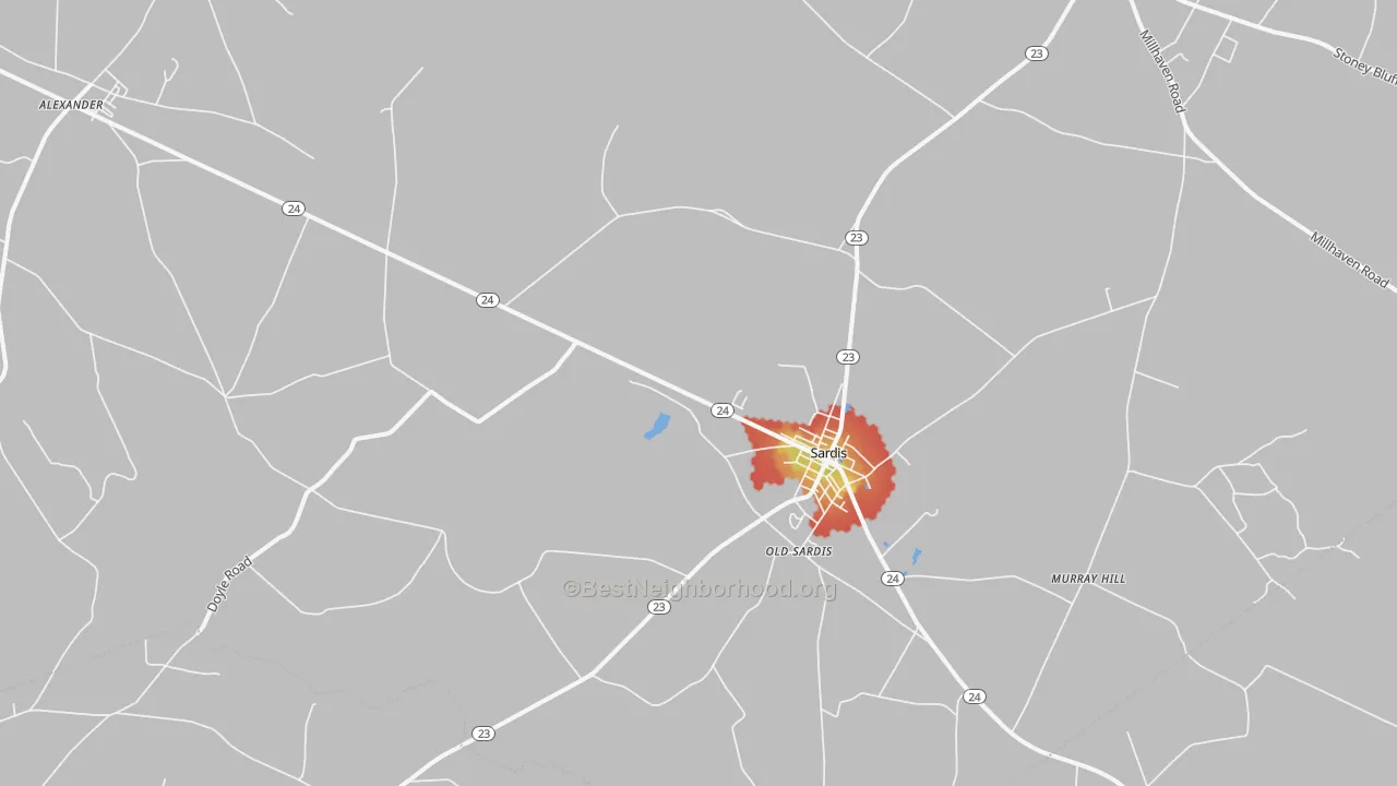 Walk Grade map of 30456, GA, walkable areas in green and car-dependent areas in red
