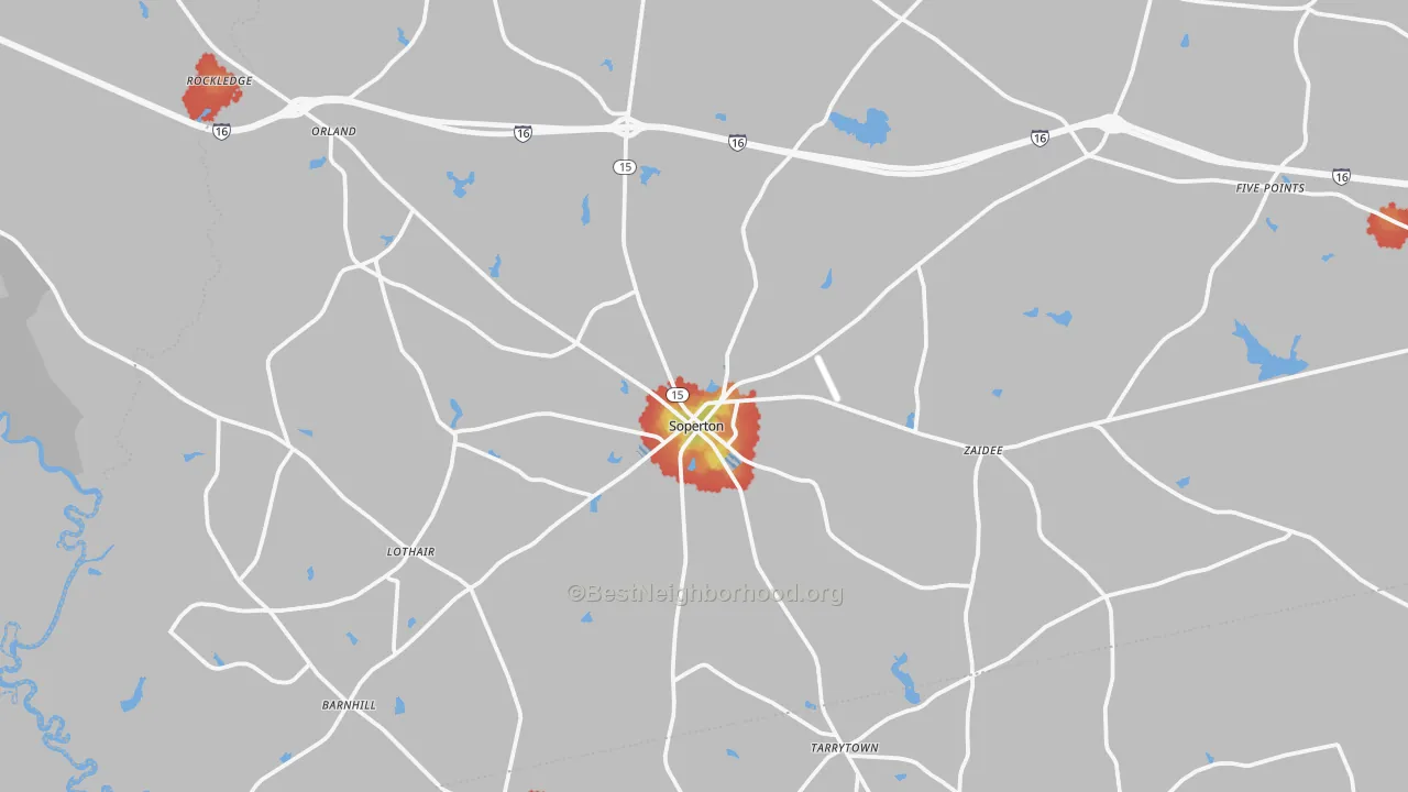 Walk Grade map of 30457, GA, walkable areas in green and car-dependent areas in red