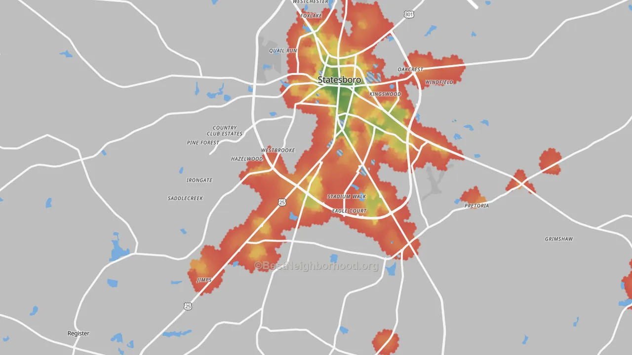 Walk Grade map of 30458, GA, walkable areas in green and car-dependent areas in red
