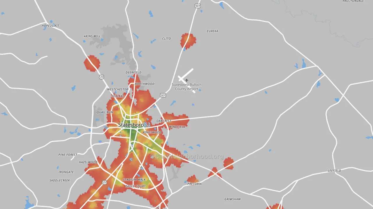 Walk Grade map of 30461, GA, walkable areas in green and car-dependent areas in red