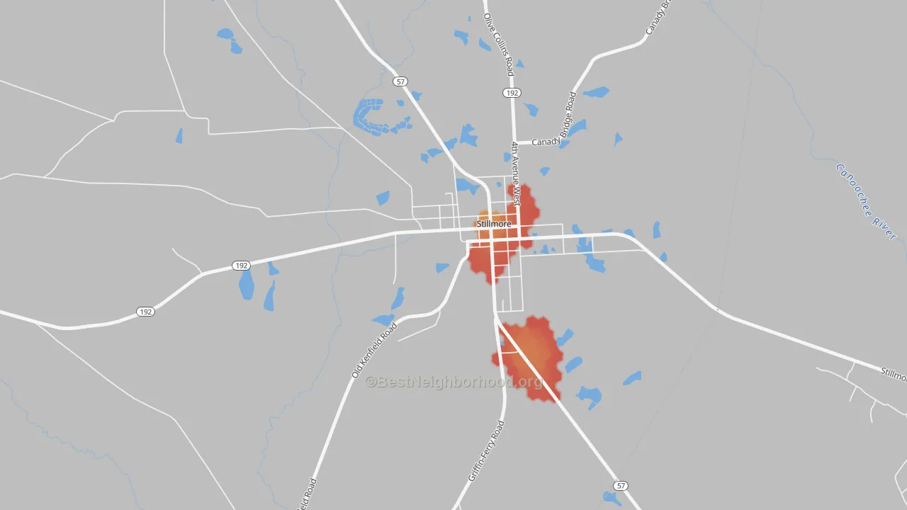 Walk Grade map of 30464, GA, walkable areas in green and car-dependent areas in red