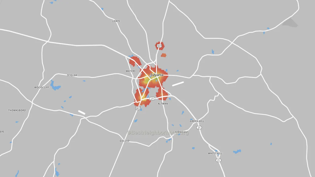 Walk Grade map of 30467, GA, walkable areas in green and car-dependent areas in red