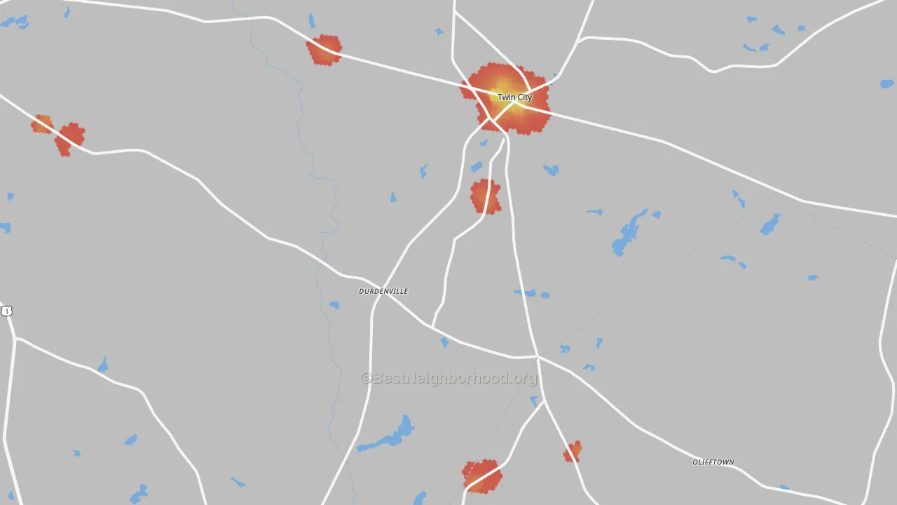 Walk Grade map of 30471, GA, walkable areas in green and car-dependent areas in red