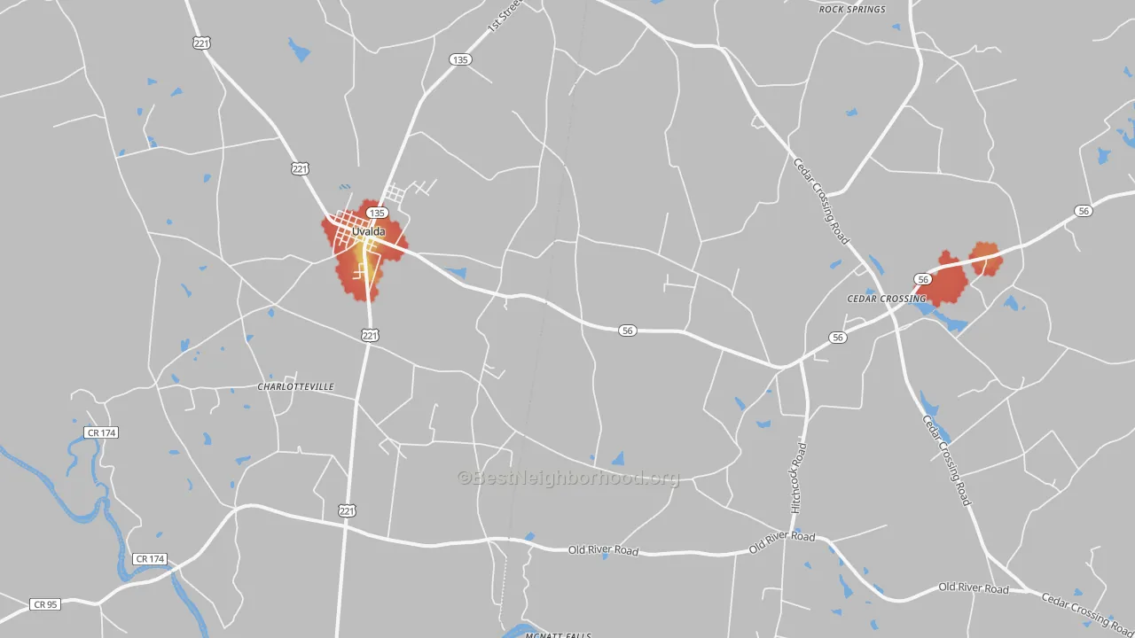 Walk Grade map of 30473, GA, walkable areas in green and car-dependent areas in red