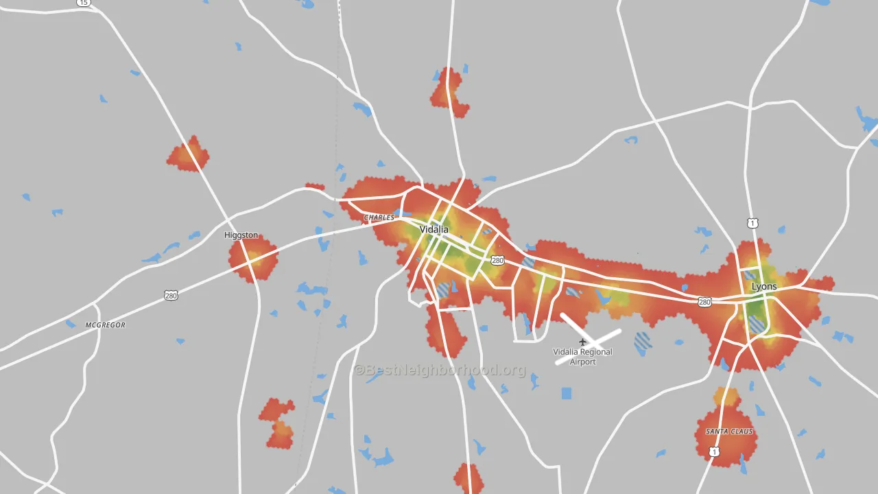 Walk Grade map of 30474, GA, walkable areas in green and car-dependent areas in red