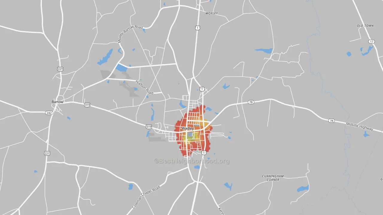 Walk Grade map of 30477, GA, walkable areas in green and car-dependent areas in red