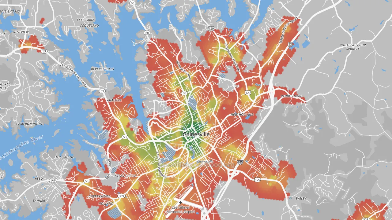 Walk Grade map of 30501, GA, walkable areas in green and car-dependent areas in red