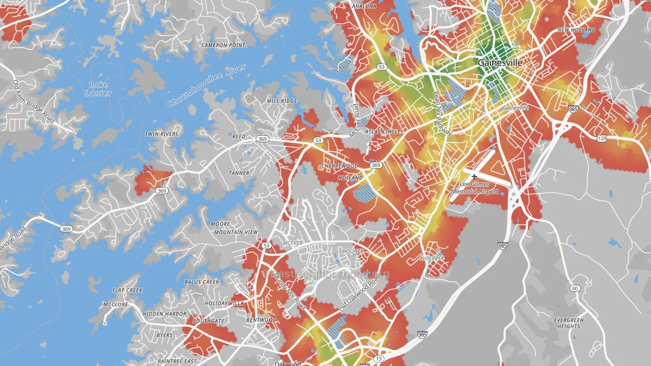 Walk Grade map of 30504, GA, walkable areas in green and car-dependent areas in red