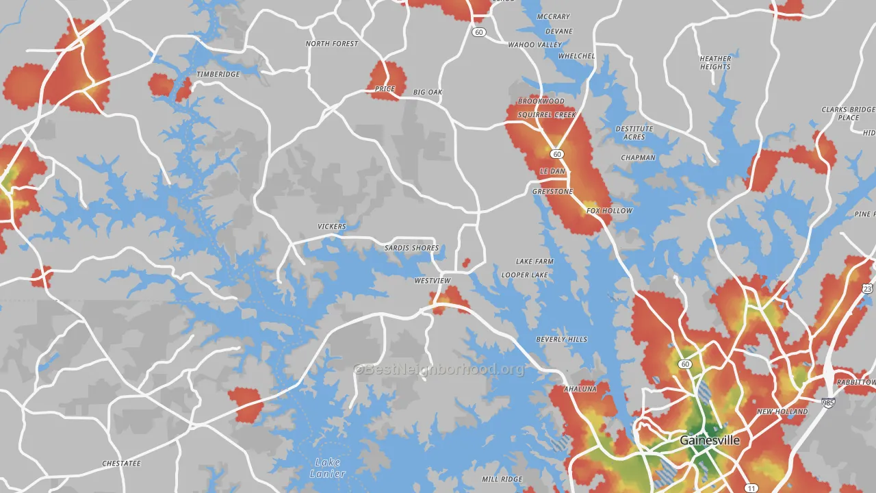 Walk Grade map of 30506, GA, walkable areas in green and car-dependent areas in red