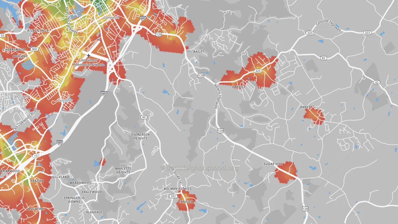 Walk Grade map of 30507, GA, walkable areas in green and car-dependent areas in red