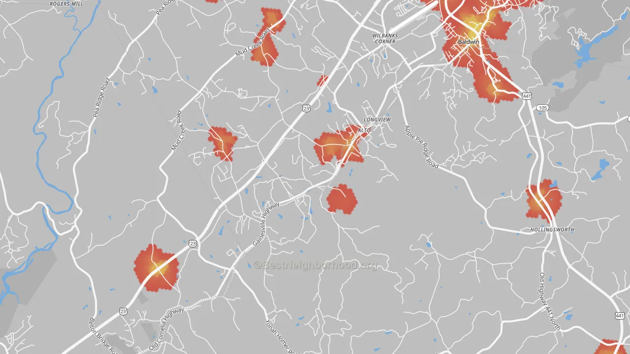 Walk Grade map of 30510, GA, walkable areas in green and car-dependent areas in red