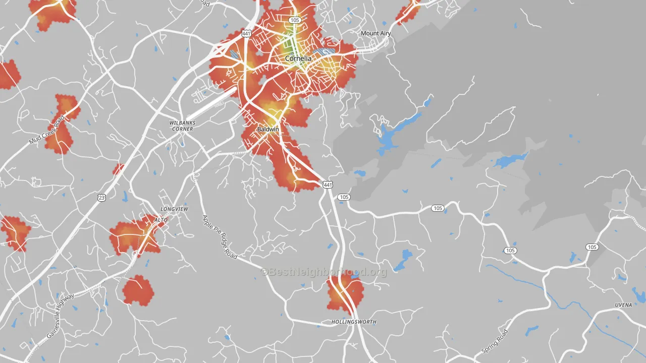 Walk Grade map of 30511, GA, walkable areas in green and car-dependent areas in red