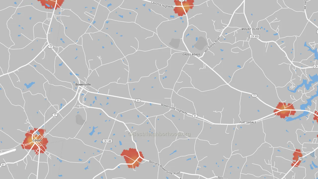 Walk Grade map of 30516, GA, walkable areas in green and car-dependent areas in red