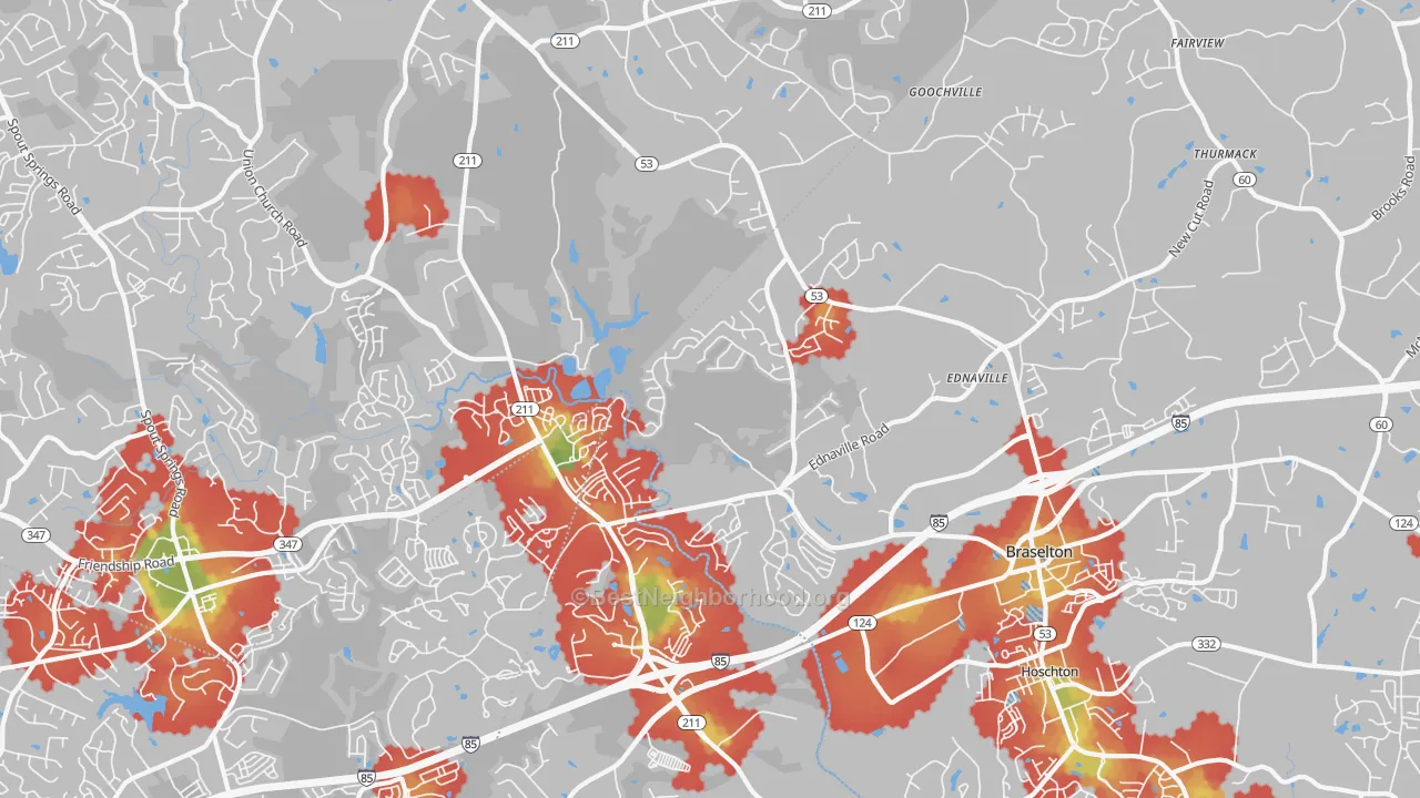 Walk Grade map of 30517, GA, walkable areas in green and car-dependent areas in red