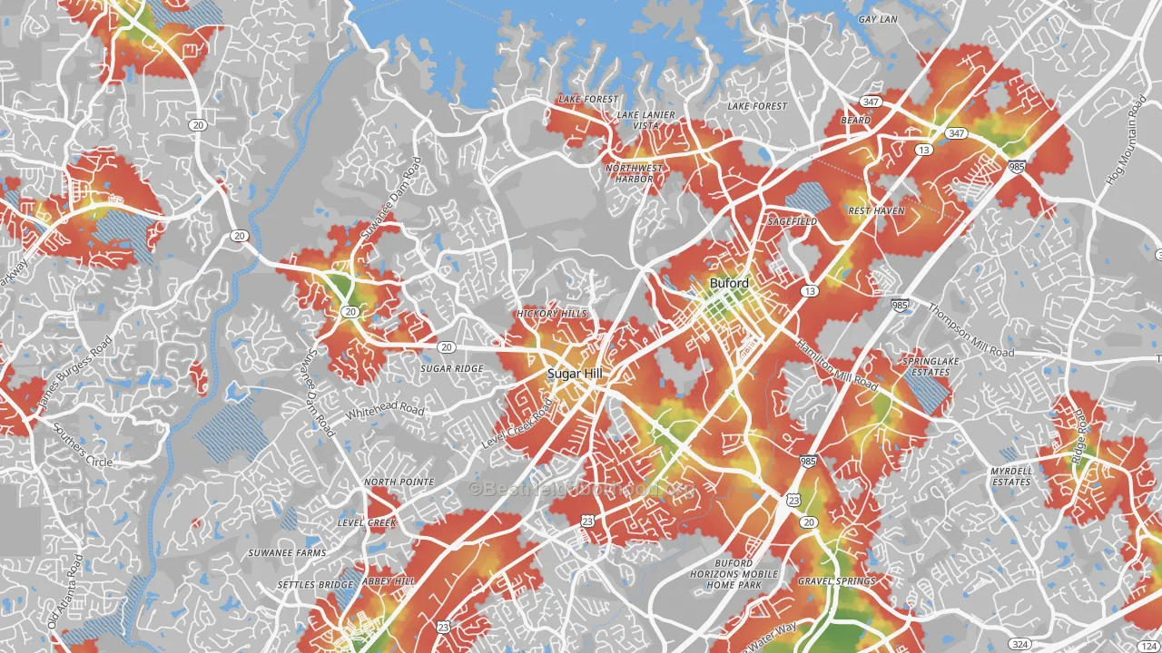 Walk Grade map of 30518, GA, walkable areas in green and car-dependent areas in red