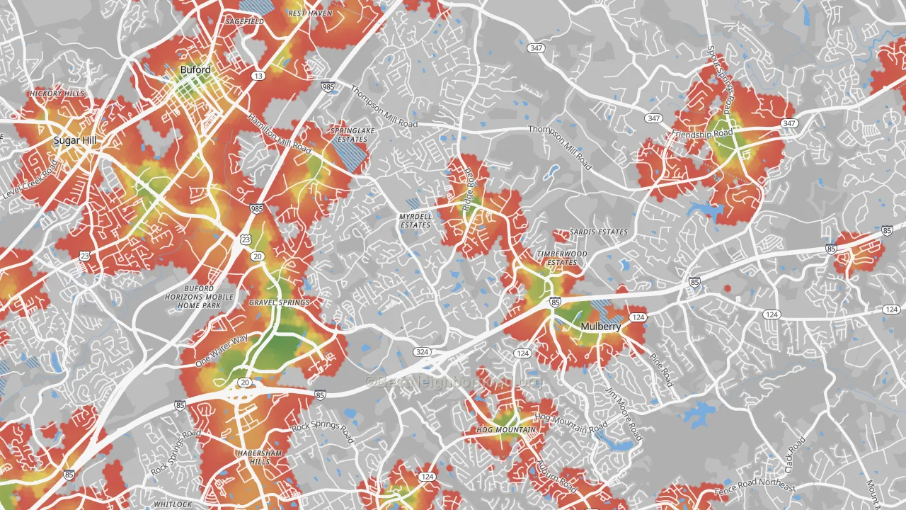 Walk Grade map of 30519, GA, walkable areas in green and car-dependent areas in red