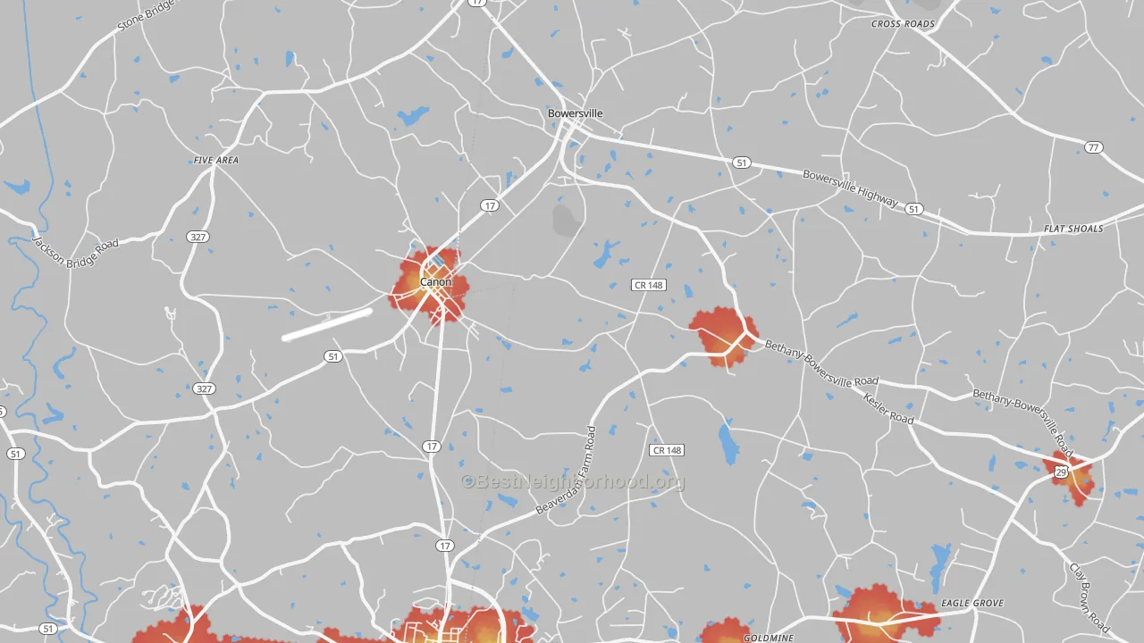 Walk Grade map of 30520, GA, walkable areas in green and car-dependent areas in red