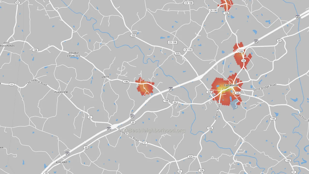 Walk Grade map of 30521, GA, walkable areas in green and car-dependent areas in red