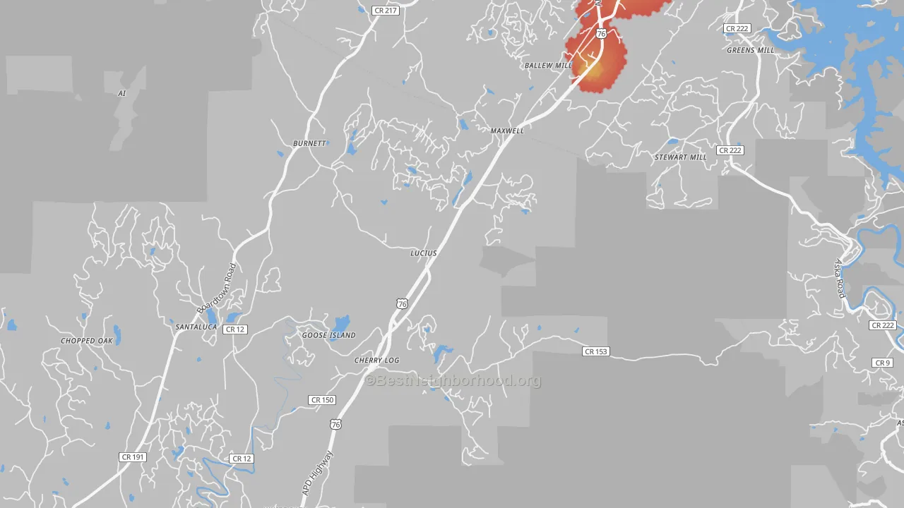 Walk Grade map of 30522, GA, walkable areas in green and car-dependent areas in red