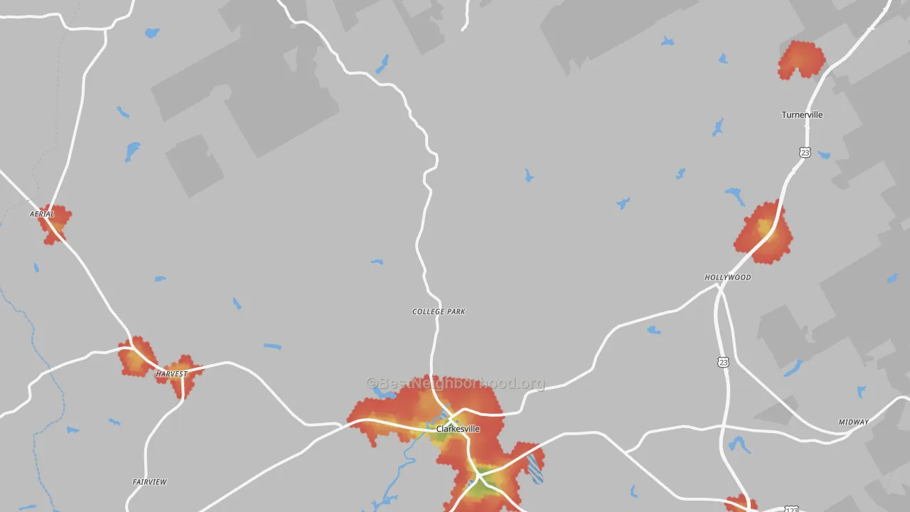 Walk Grade map of 30523, GA, walkable areas in green and car-dependent areas in red