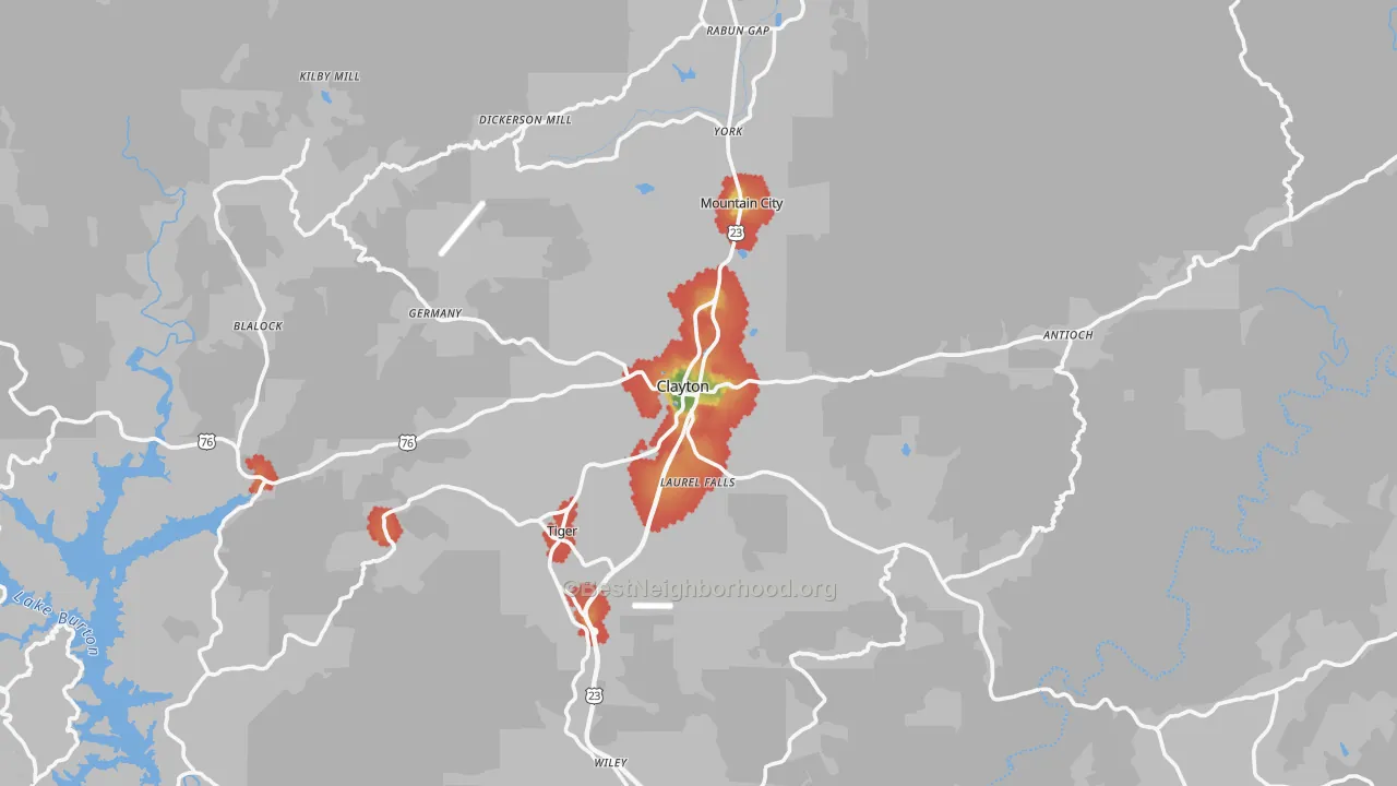 Walk Grade map of 30525, GA, walkable areas in green and car-dependent areas in red