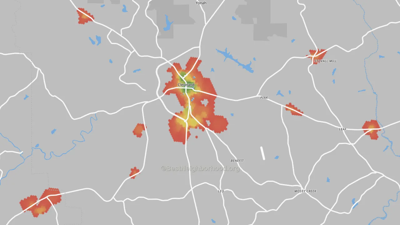Walk Grade map of 30528, GA, walkable areas in green and car-dependent areas in red