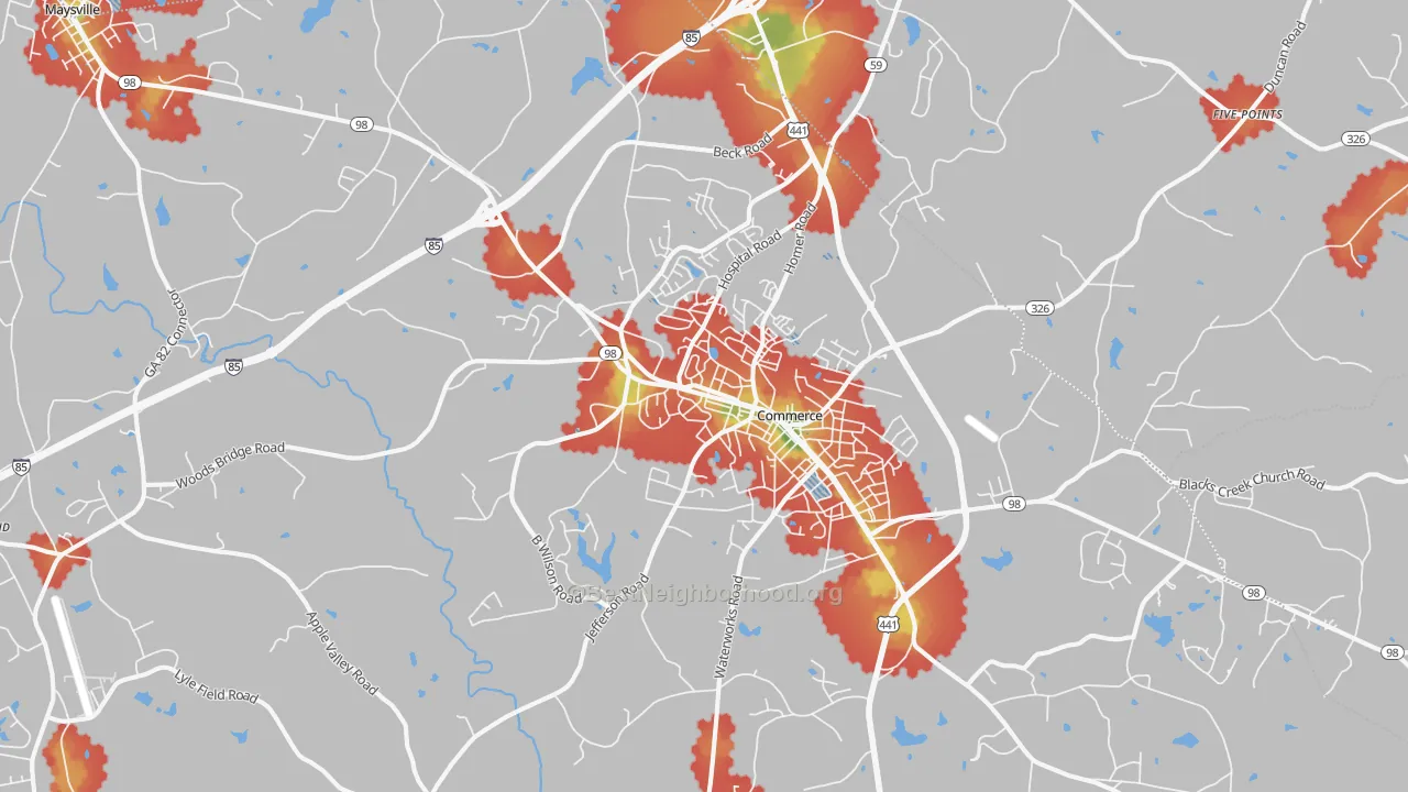 Walk Grade map of 30529, GA, walkable areas in green and car-dependent areas in red