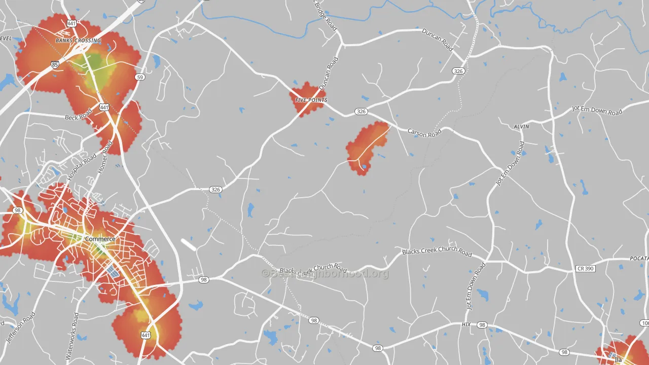 Walk Grade map of 30530, GA, walkable areas in green and car-dependent areas in red