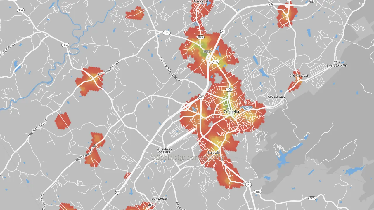 Walk Grade map of 30531, GA, walkable areas in green and car-dependent areas in red