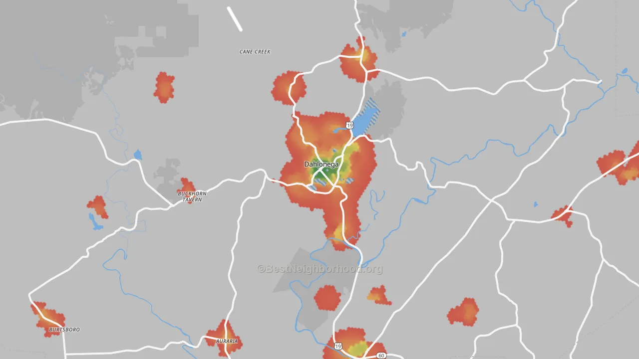 Walk Grade map of 30533, GA, walkable areas in green and car-dependent areas in red