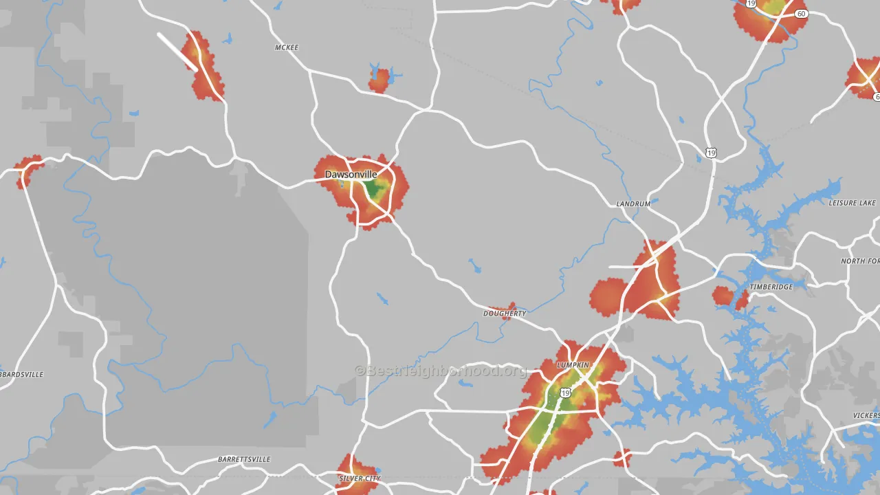 Walk Grade map of 30534, GA, walkable areas in green and car-dependent areas in red