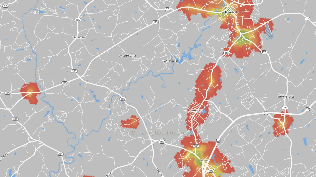 Walk Grade map of 30535, GA, walkable areas in green and car-dependent areas in red