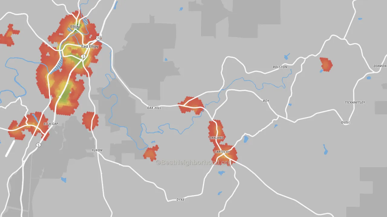 Walk Grade map of 30536, GA, walkable areas in green and car-dependent areas in red